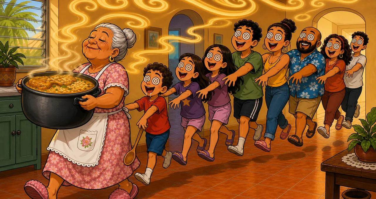 Cartoon of a grandmother with a steaming pot of asopao, and a line of people with spiral eyes following her as if hypnotized