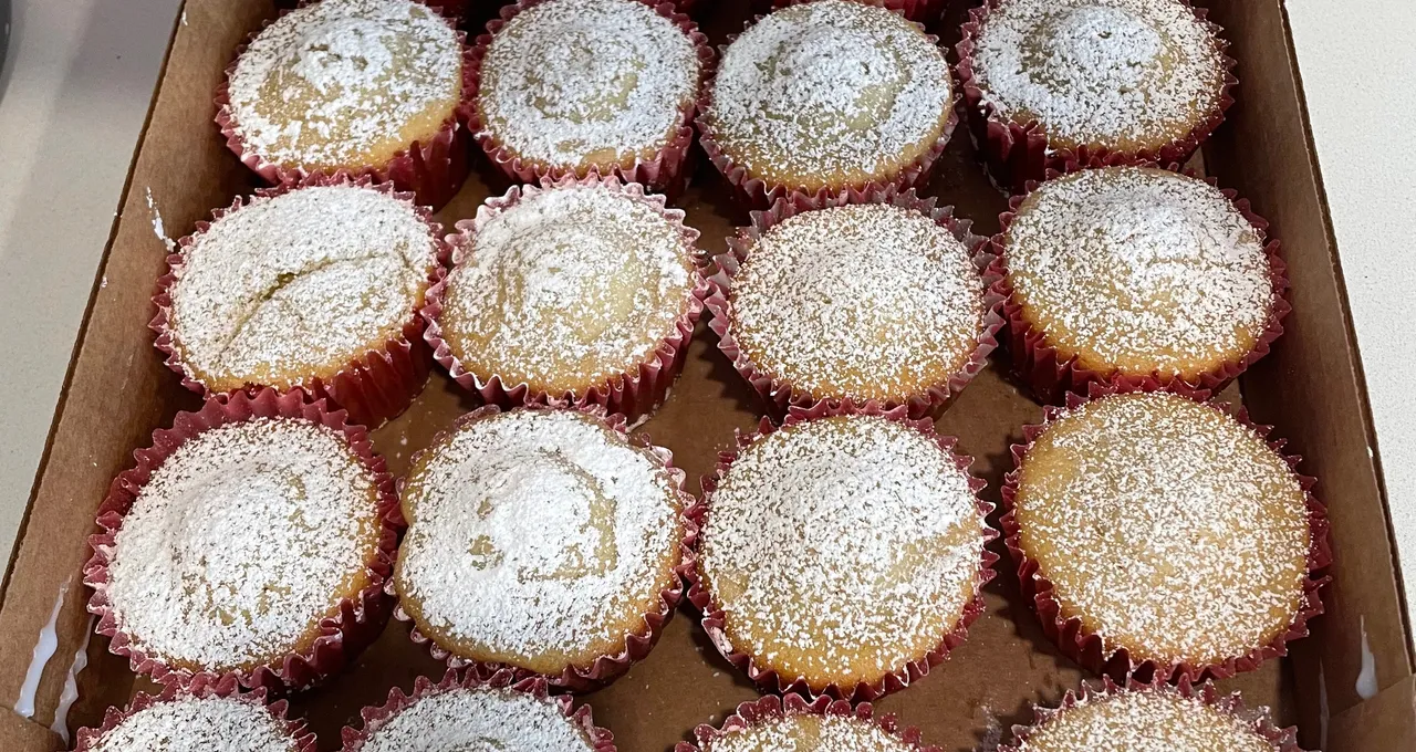 Twenty-four small cupcakes in red liners, dusted with powdered sugar, packed in a cardboard box
