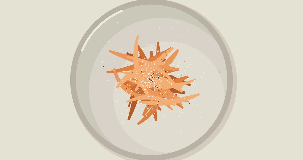 Flat illustration of orange carrot ribbons dusted with white specks in a grey bowl, seen from above