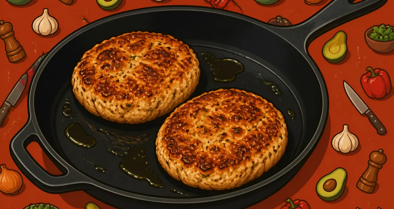 Cartoon of two golden turkey patties in a black cast-iron skillet on a paprika-red field